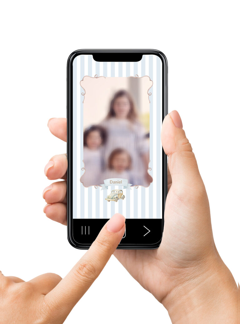 Blank frameless smartphone in female hands, empty screen for mockup, isolated on white background